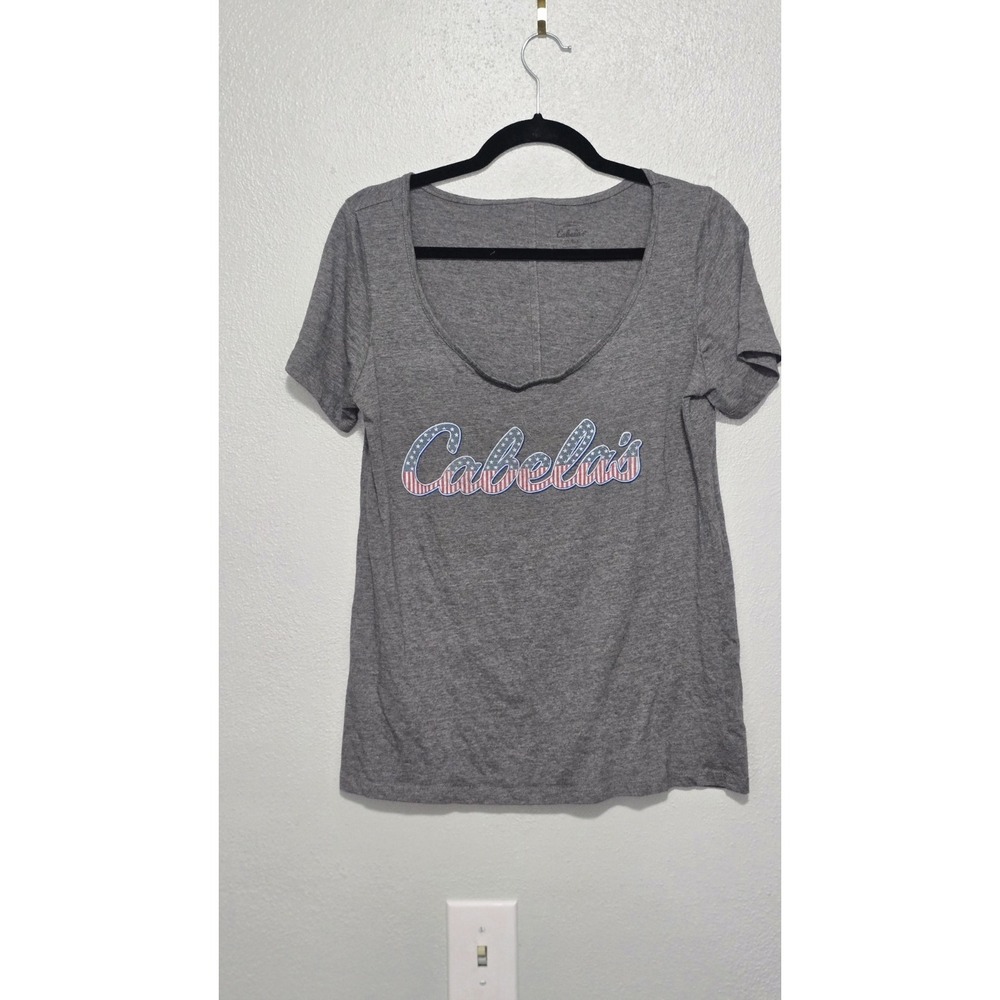 Cabela's Women's XL Heather Gray Americana American Flag Logo Scoop Neck Tee